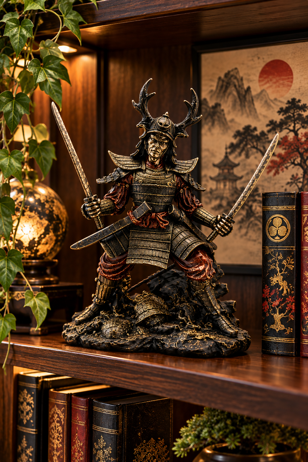 Japanese Samurai Figurine Antique Bronze Effect Warrior Statue Home Decor 18.5cm