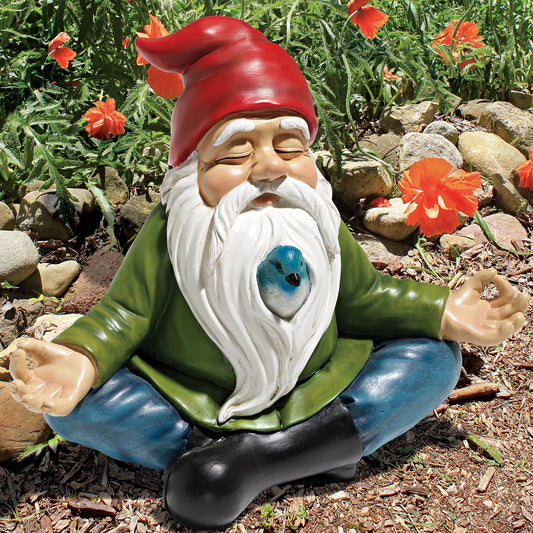 Meditating Garden Gnome Statue - Zen Yoga Pose with Bird, Hand-Painted Resin Figurine, Relaxing Outdoor Decor for Garden or Patio