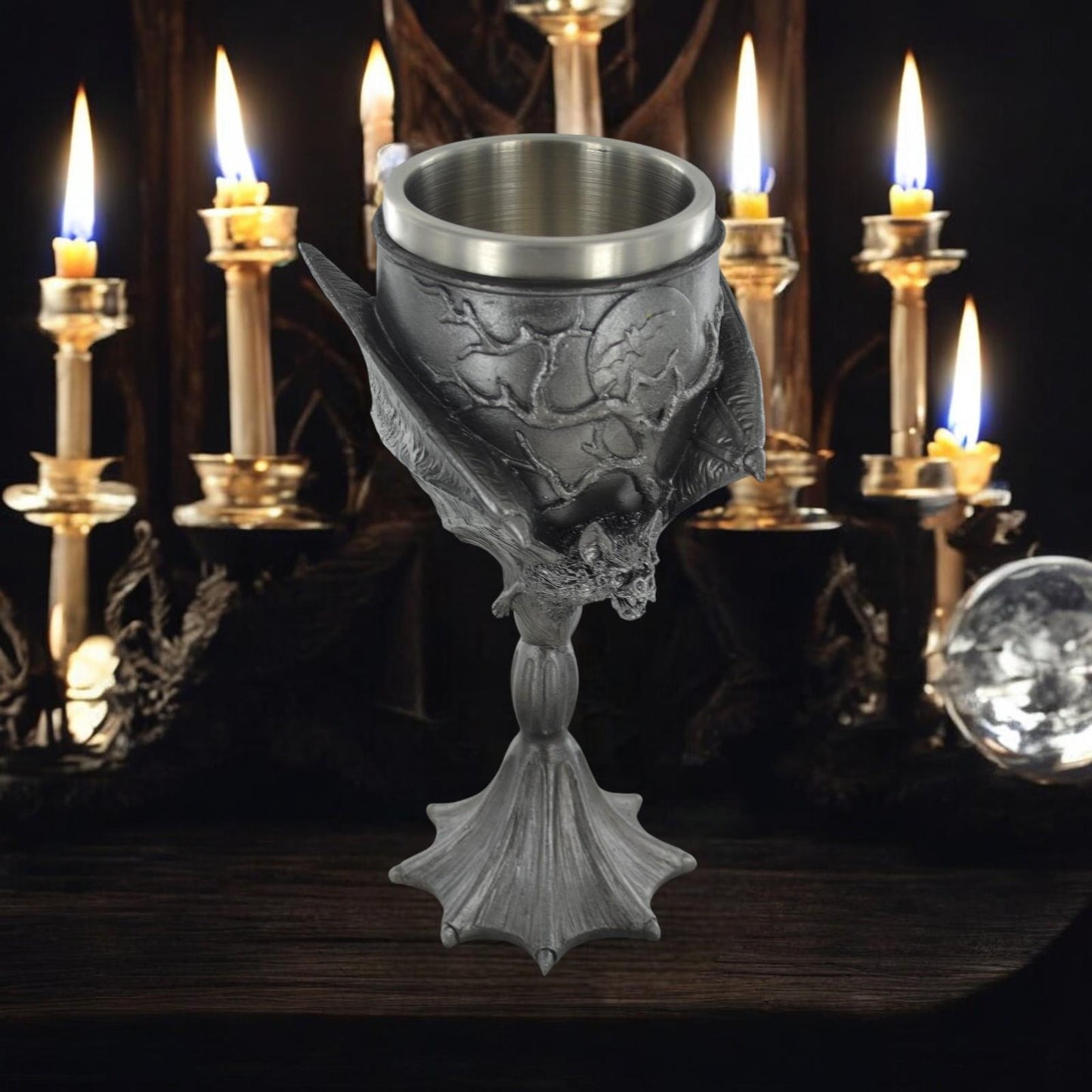 Gothic Bat Chalice Goblet with Pentagram, Designed by Tina Tarrant - Resin & Stainless Steel 20cm