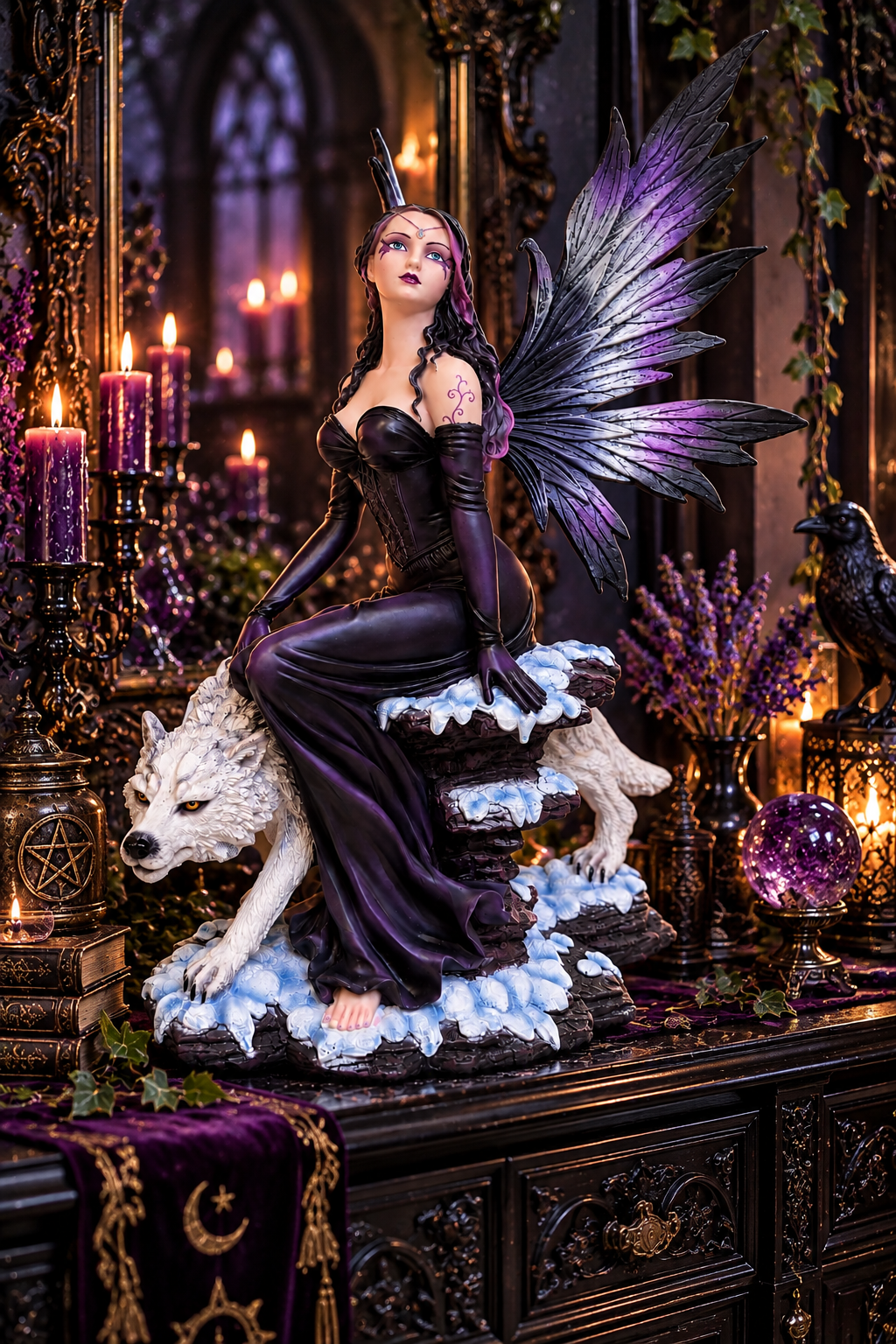 Gothic Fairy with White Wolf Figurine 50cm Dark Fantasy Statue Ornament Decor