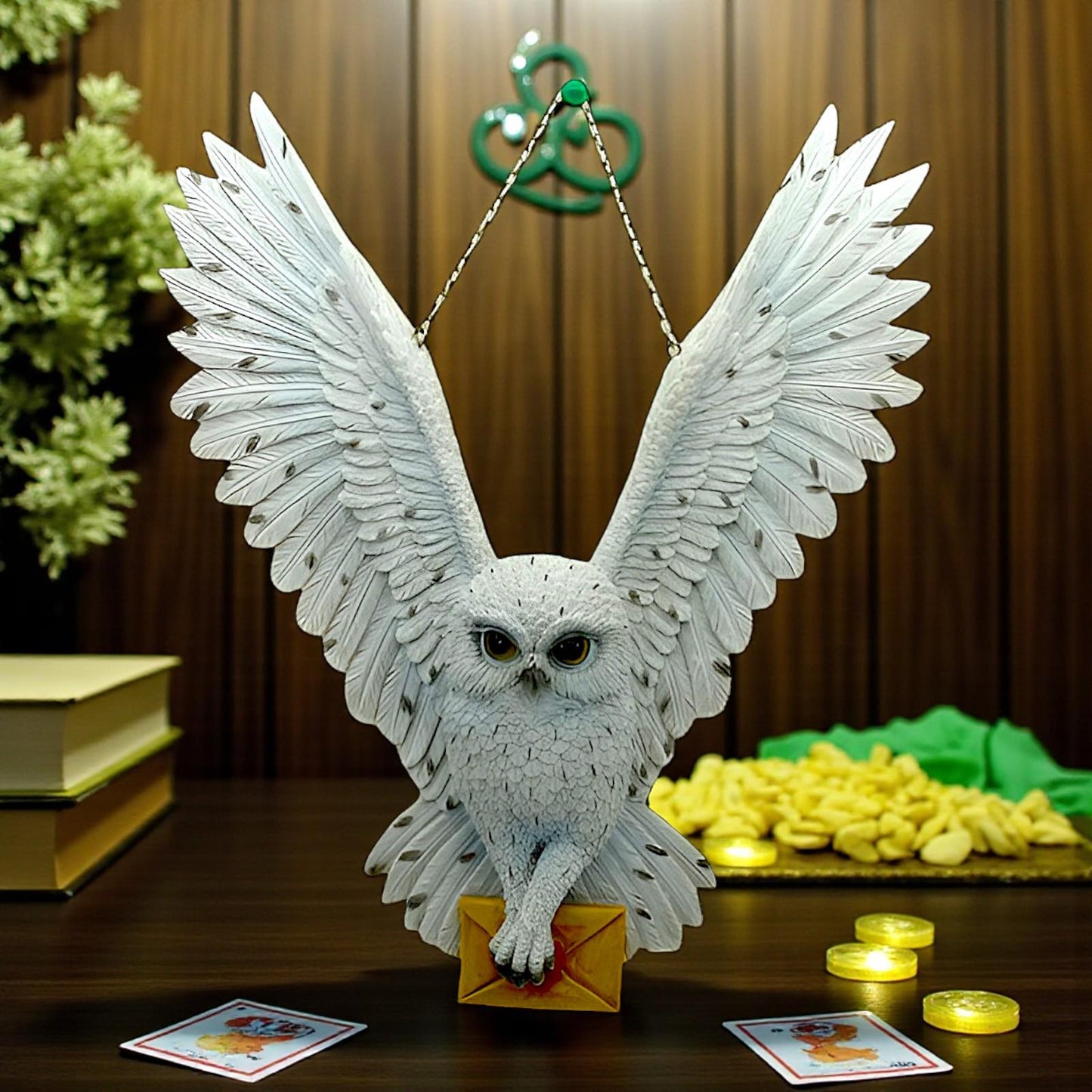 Majestic Hanging Owl Figurine with Letter Wildlife Bird Ornament Sculpture Decor