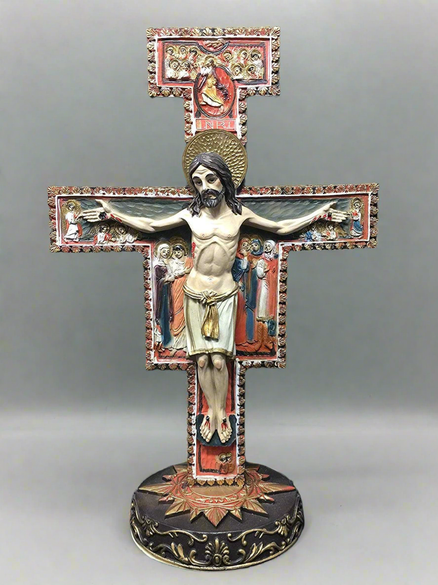 Freistehendes Kruzifix des Heiligen Franziskus Jesus Christus Kreuz San Damiano Religiöses Ornament