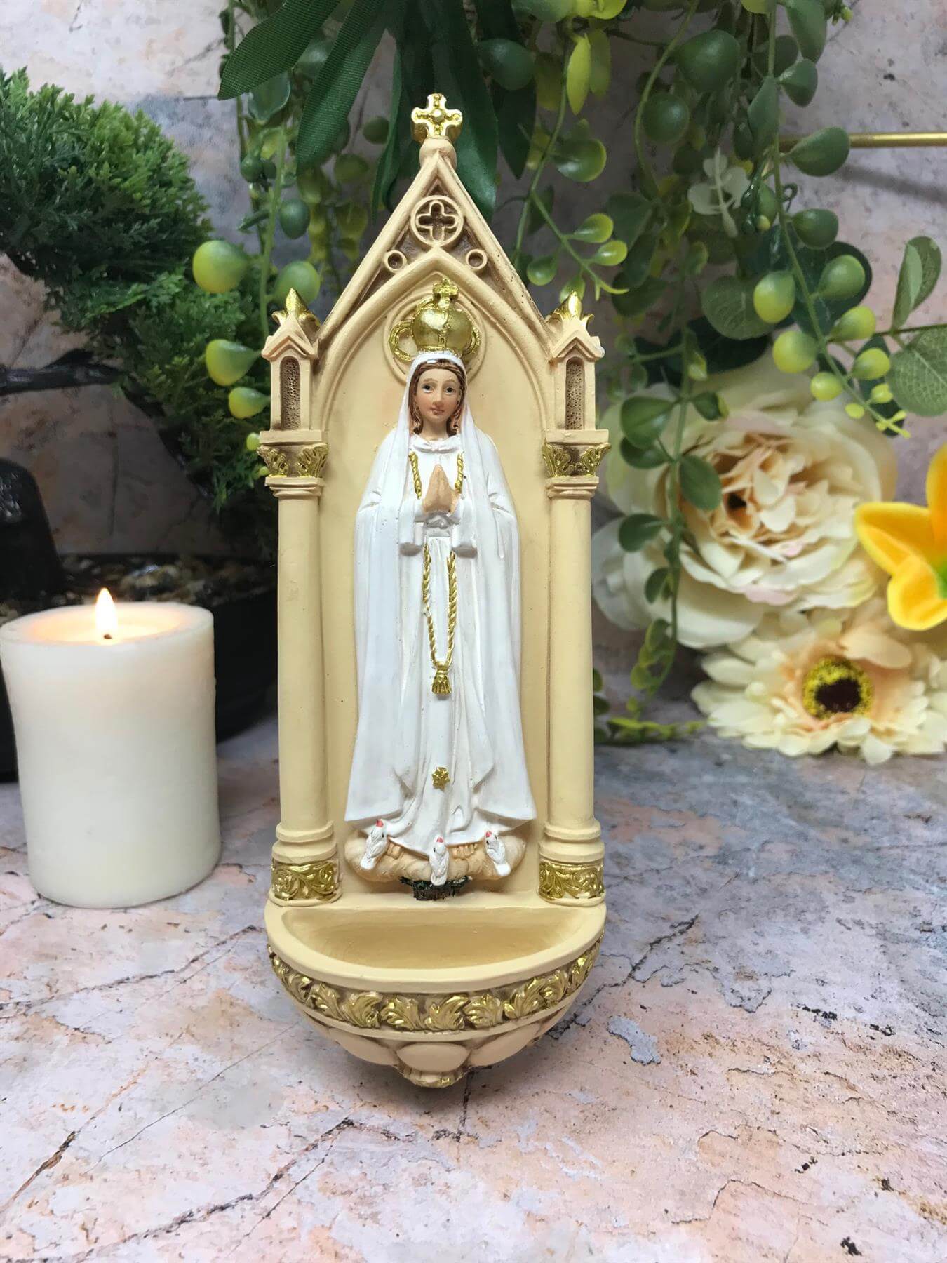 Blessed Virgin Mary Our Lady of Fatima Water Font Wall Plaque Statue Ornament Figurine for Home or Chapel