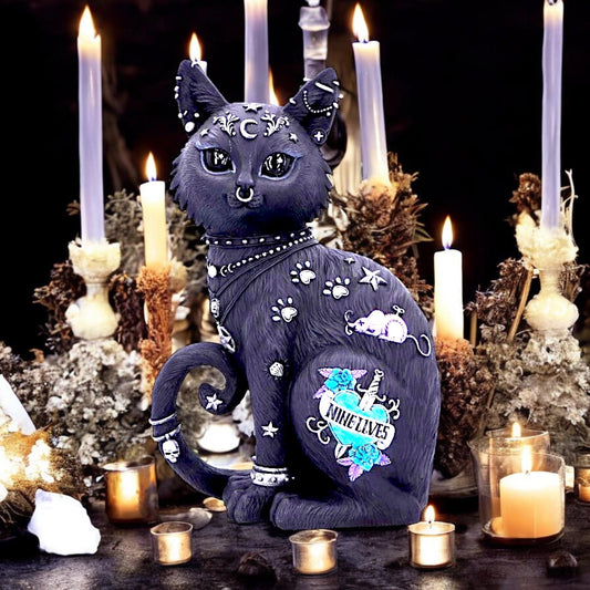 Nine Lives Gothic Cat Figurine – 22cm Collectible Resin Decor with Celestial Symbols,