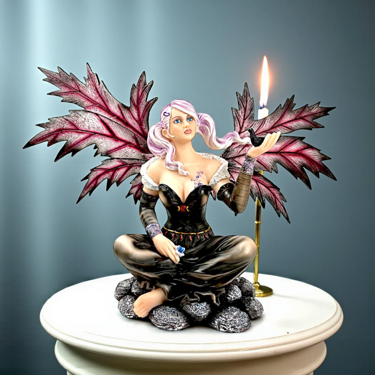 Dark Enchantress Fairy Sculpture with Blackbird Fantasy Art Figurine Mythological