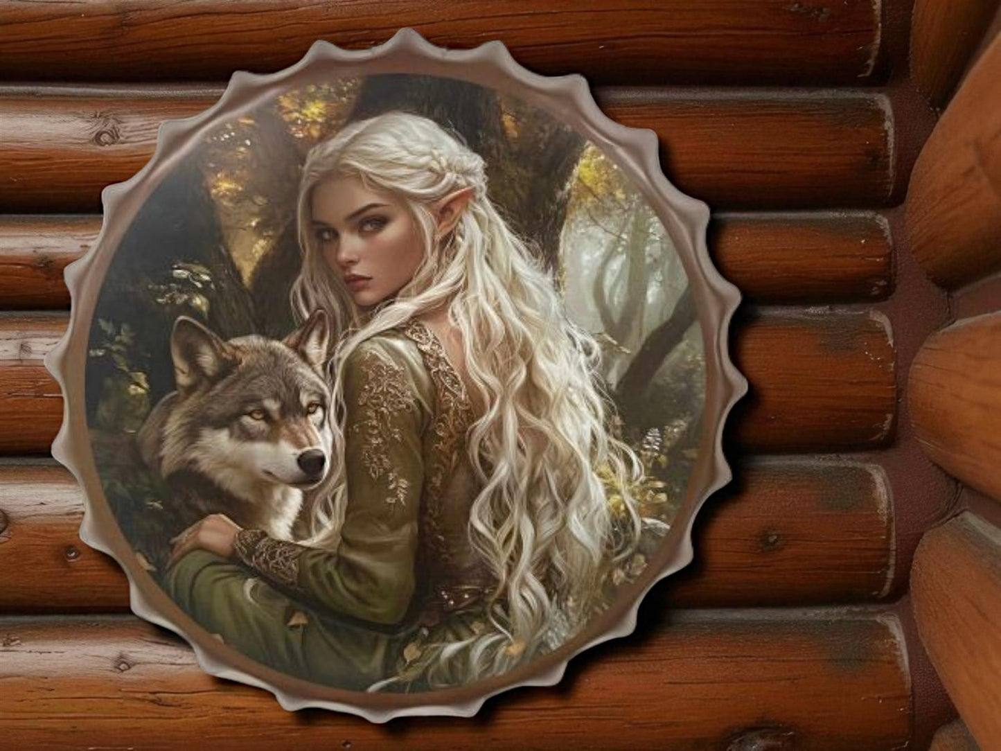 Fantasy Elf and Wolf Metal Wall Plaque Magical Woodland Decorative Sign Art 40 cm