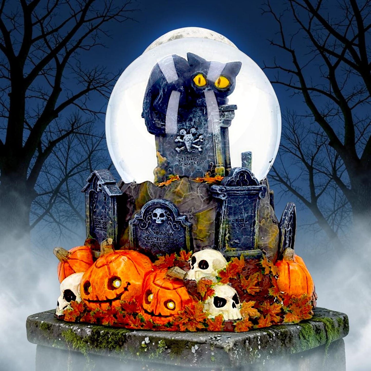 Halloween Black Cat Snow Globe Pumpkin Graveyard Skull Gothic Ornament