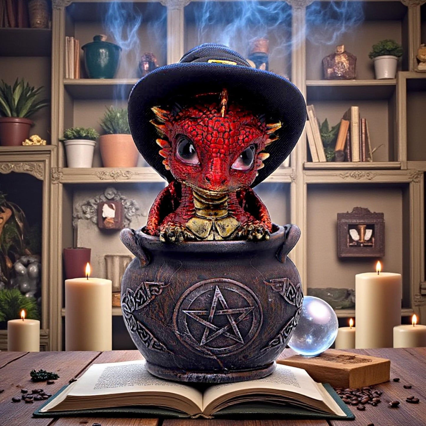 Red Dragon in Cauldron Figurine Gothic Witchcraft Fantasy Magical Creature Gift