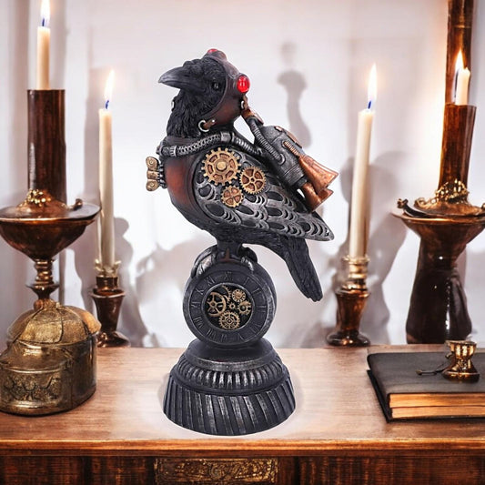 Steampunk Raven Statue - Victorian Mechanical Bird Figurine Gothic Home Decor 24cm