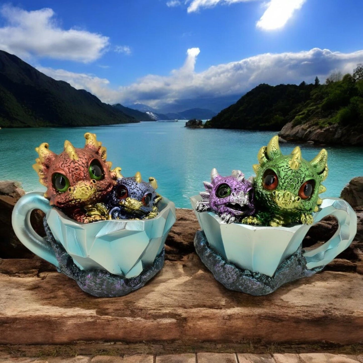 Pair of Dragon Hatchlings 11.2cm - Cute Resin Baby Dragons in Teacup Fantasy Ornaments