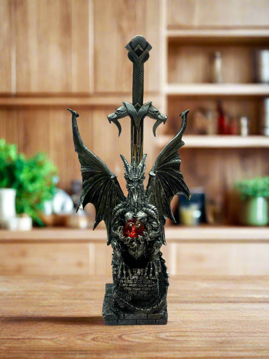 Majestic Dragon Letter Opener, 27cm Resin and Metal Mythical Desk Accessory, Gothic Office Decor, Fantasy Sword Paper Cutter