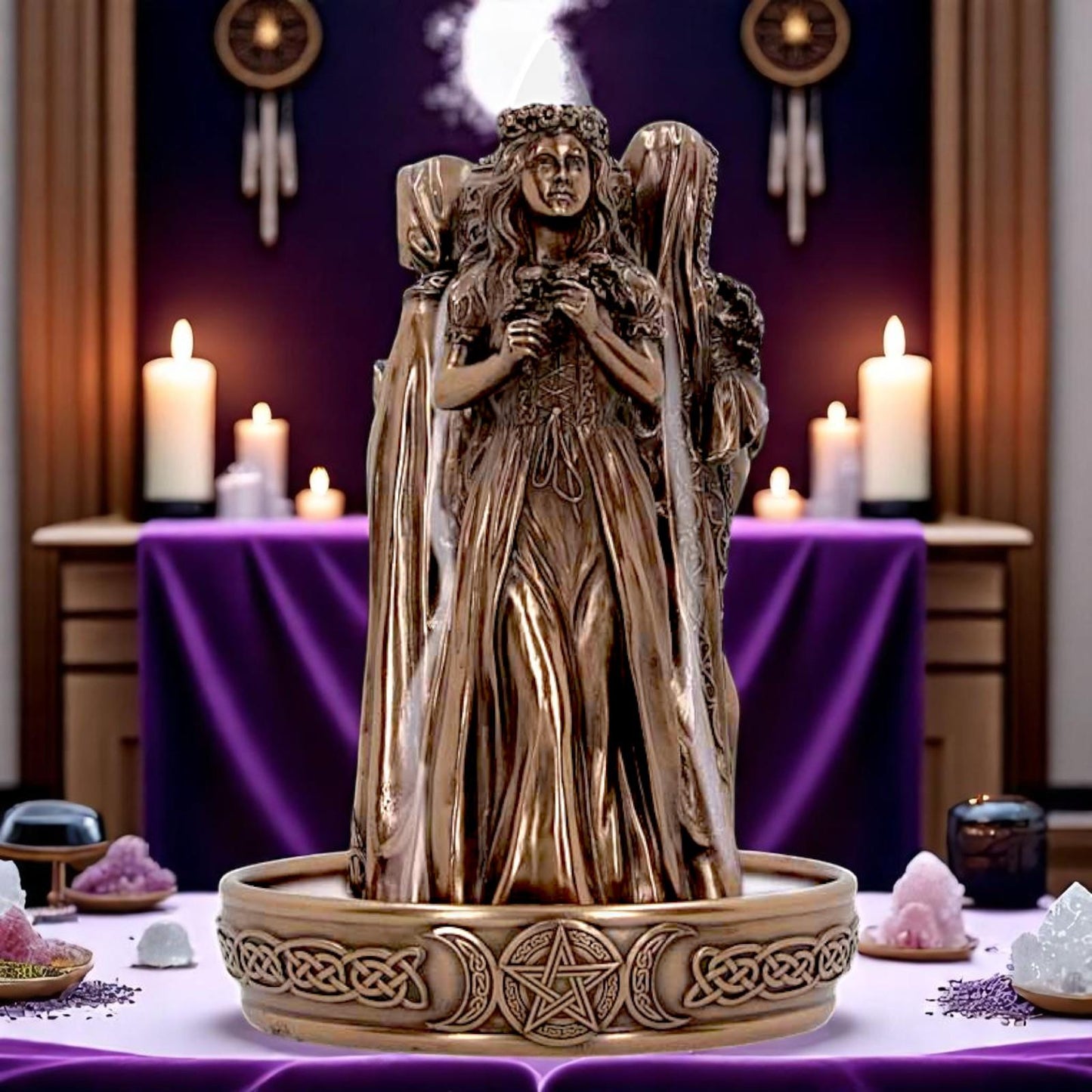 Celtic Triple Goddess Statue Incense Burner Pagan Altar Decor Smoke Cone Holder