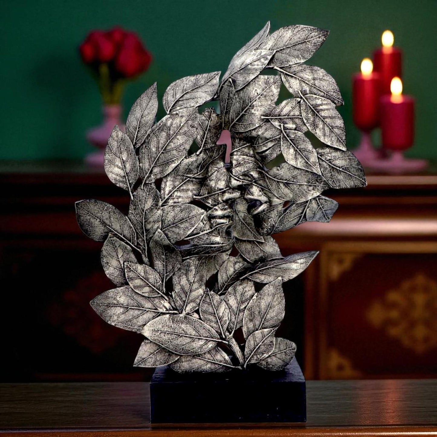 Kissing Couple Silver Leaf Statue Romantic Home Decor Modern Metallic Sculpture