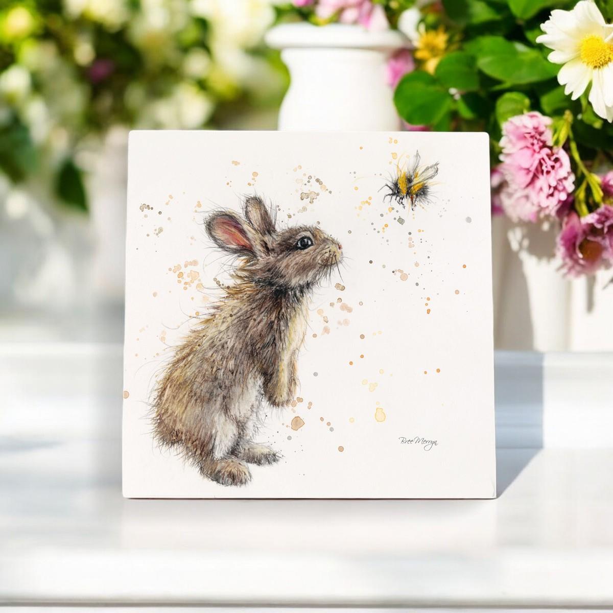 Bugsy and Bumble Bree Merryn Ceramic Art Tile 20x20cm - Bunny and Bee Wall Decor, Ready to Hang, Nature-Inspired Gift for Animal Lovers