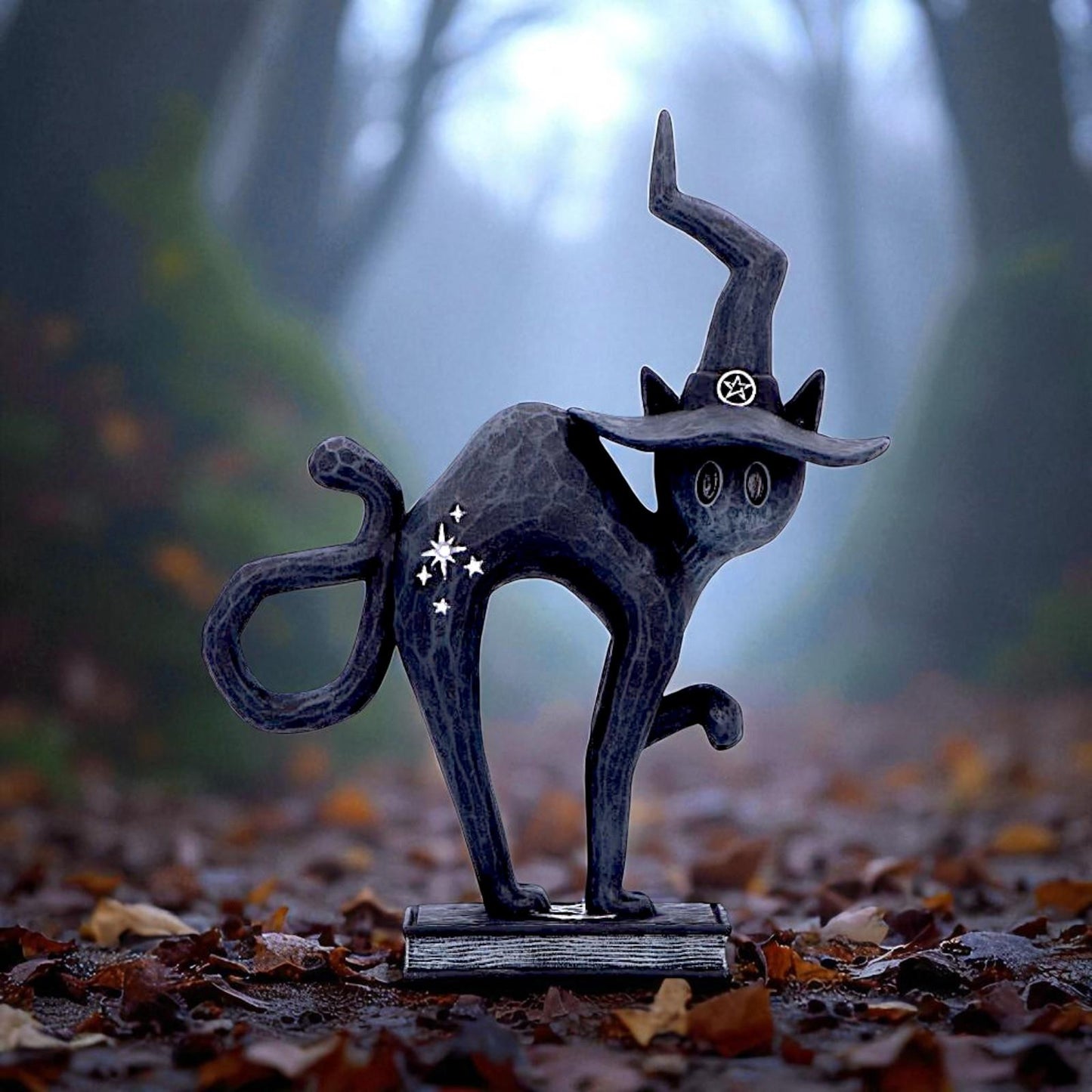 Witchy Black Cat Spell Figurine Gothic Statue Celestial Symbols Spooky occult Art