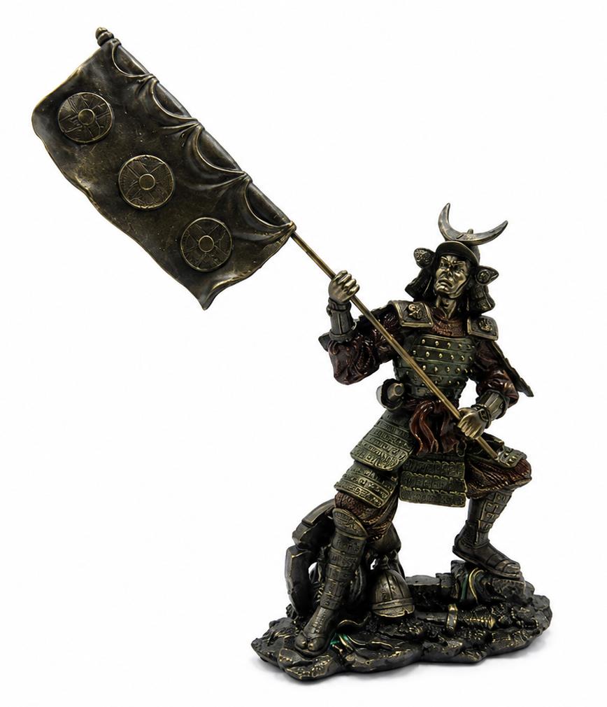 Samurai Warrior Figurine Japanese Military Banner Oriental Bronze Effect Decor