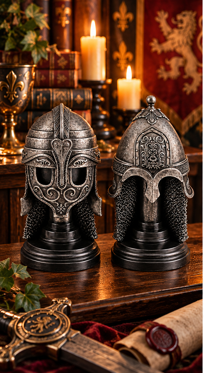 Pair of Medieval Knight Helmet Statues Gothic Armour Figurines Silver 15.8cm
