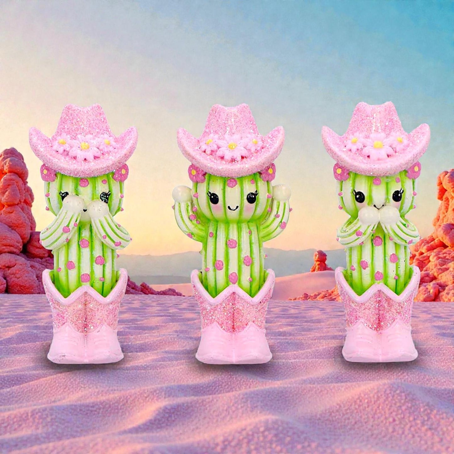 Three Wise Cactus Figurines Cute Novelty Ornament See Hear Speak Evil Decor
