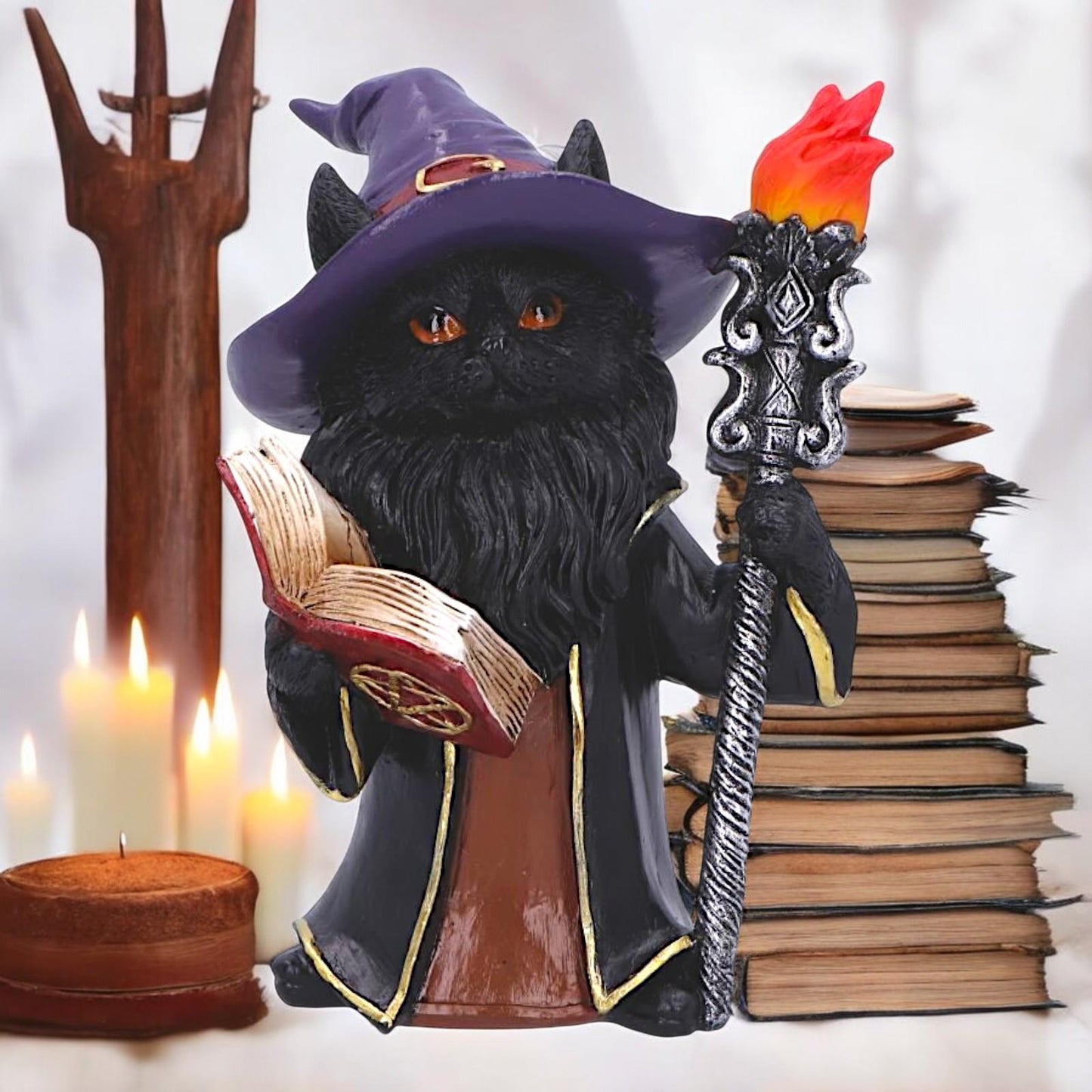 Black Wizard Cat Figurine Mystic Witchcraft Statue Fantasy Gothic Spellcaster Ornament