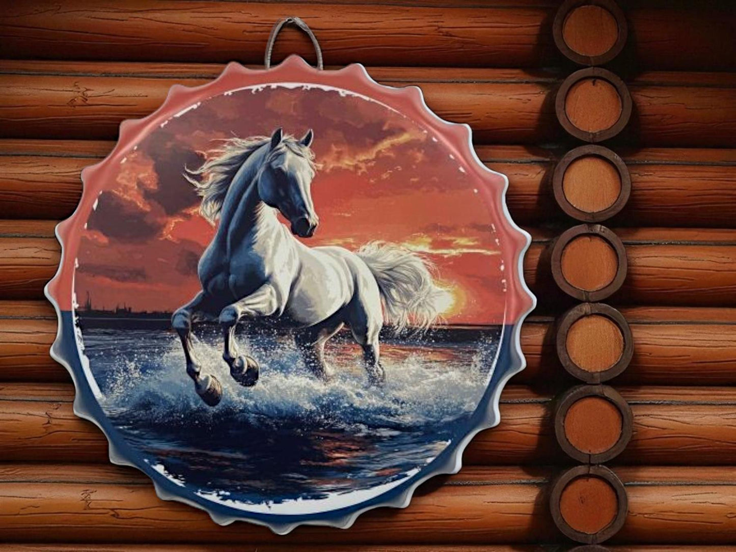 Horse at Sunset Metal Wall Plaque – Galloping Stallion Ocean Scene Bottle Cap Art 40cm