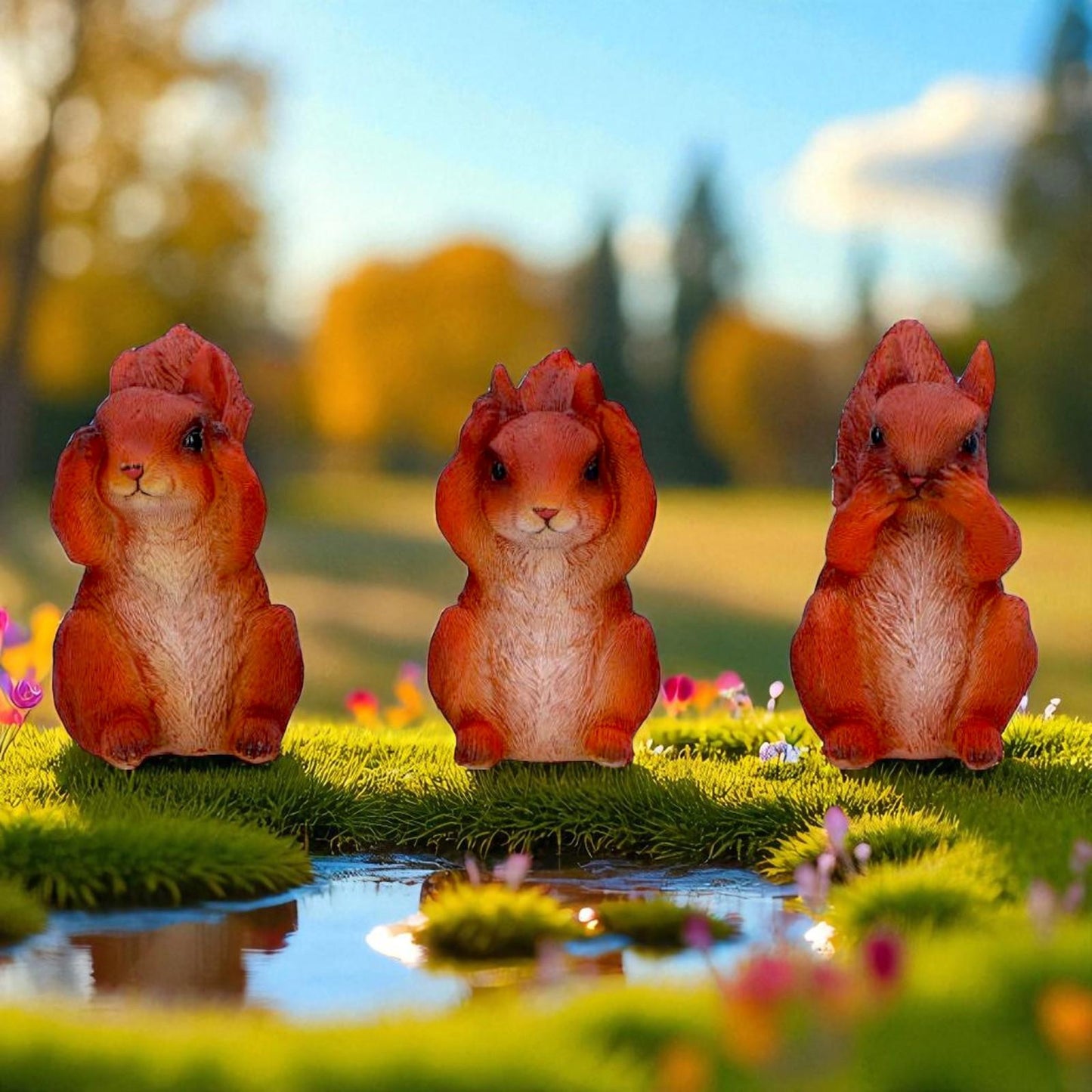 Three Wise Squirrel Figurines Hear See Speak No Evil Woodland Animal Statue