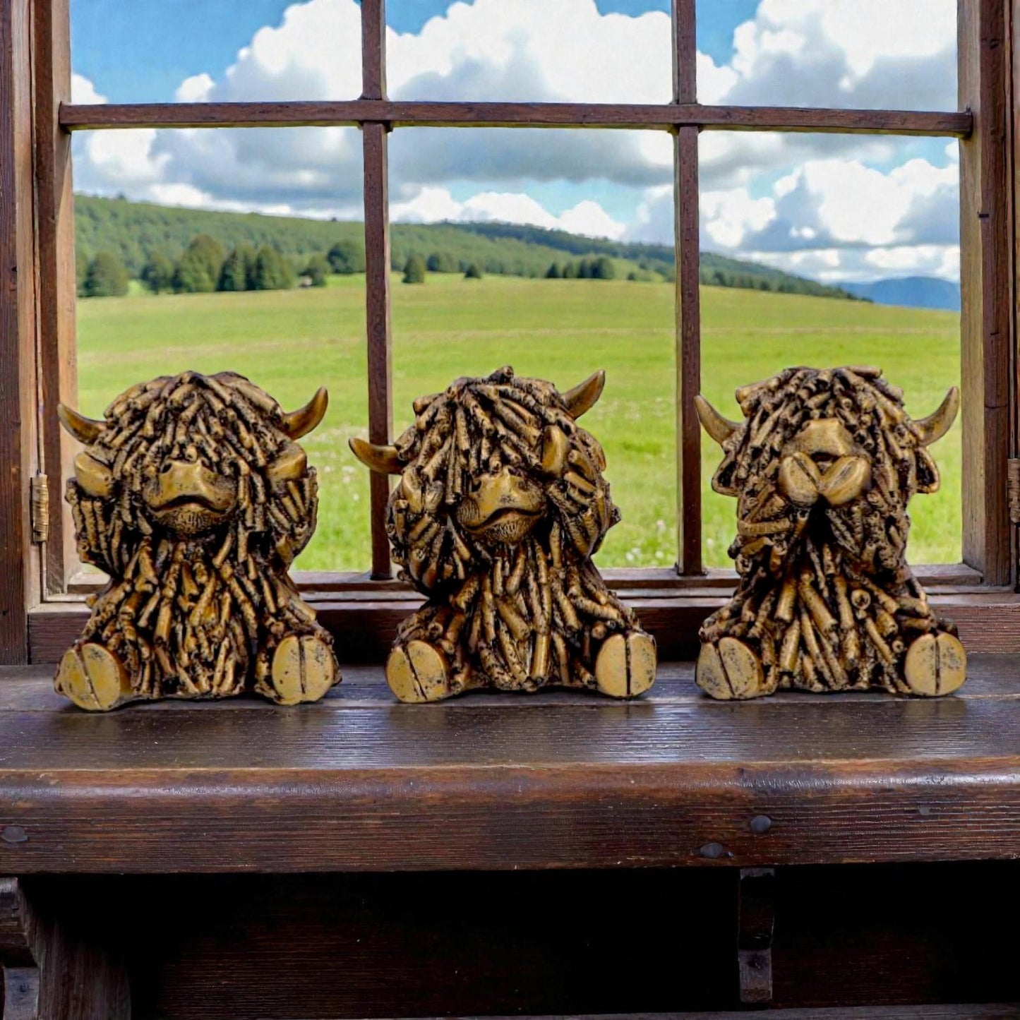 Three Wise Highland Cow Figurines Gold Farm Animal See Hear Speak Set