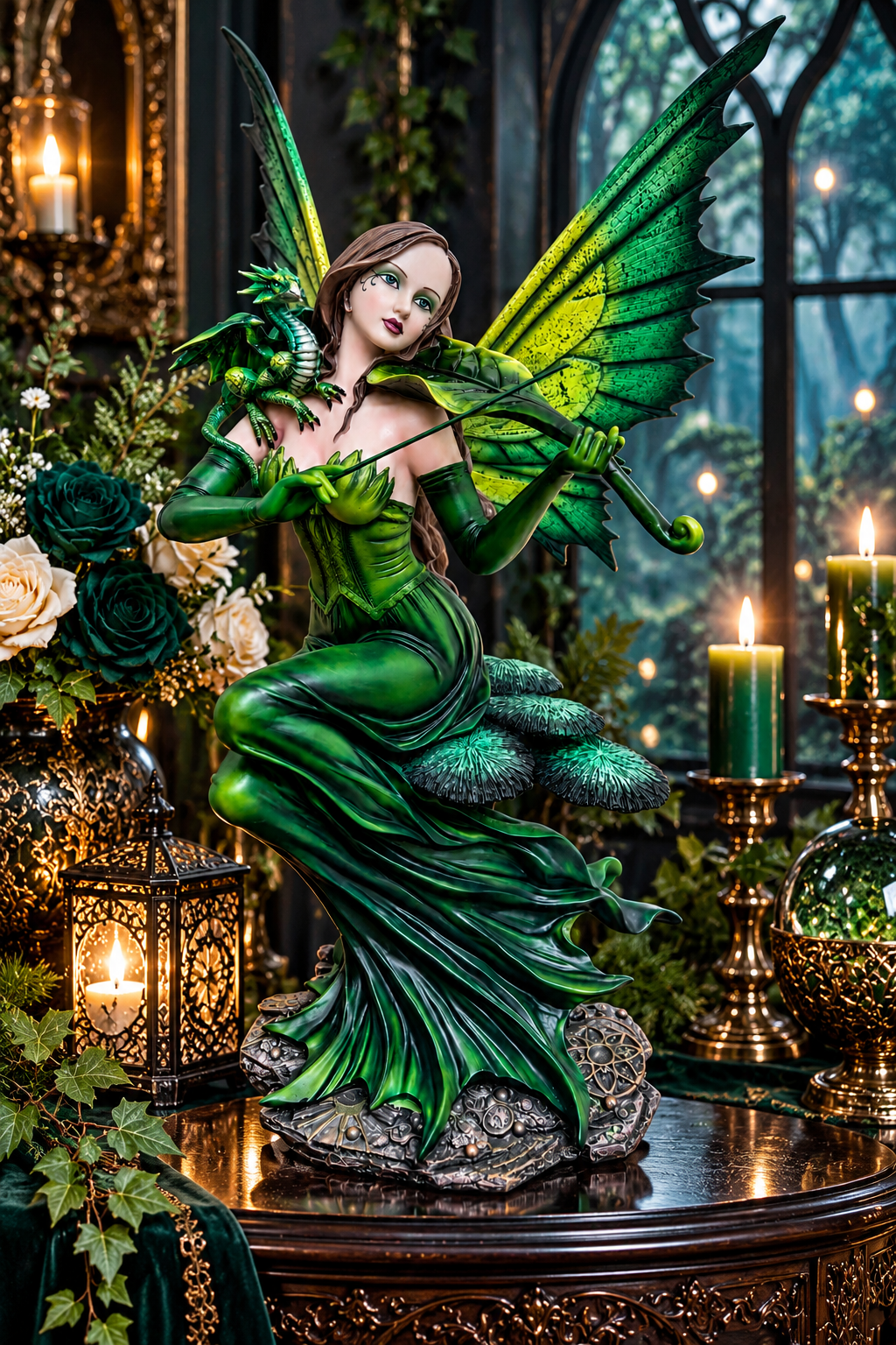 Emerald Green Fairy Dragon Figurine 55cm Woodland Fantasy Violin Statue Decor