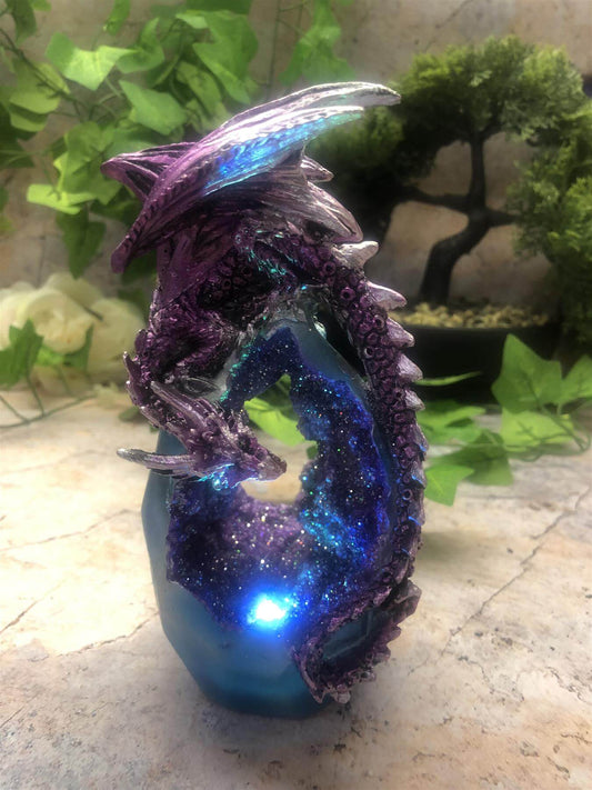 Purple Dragon on Amethyst Effect Geode Sculpture Statue Ornament