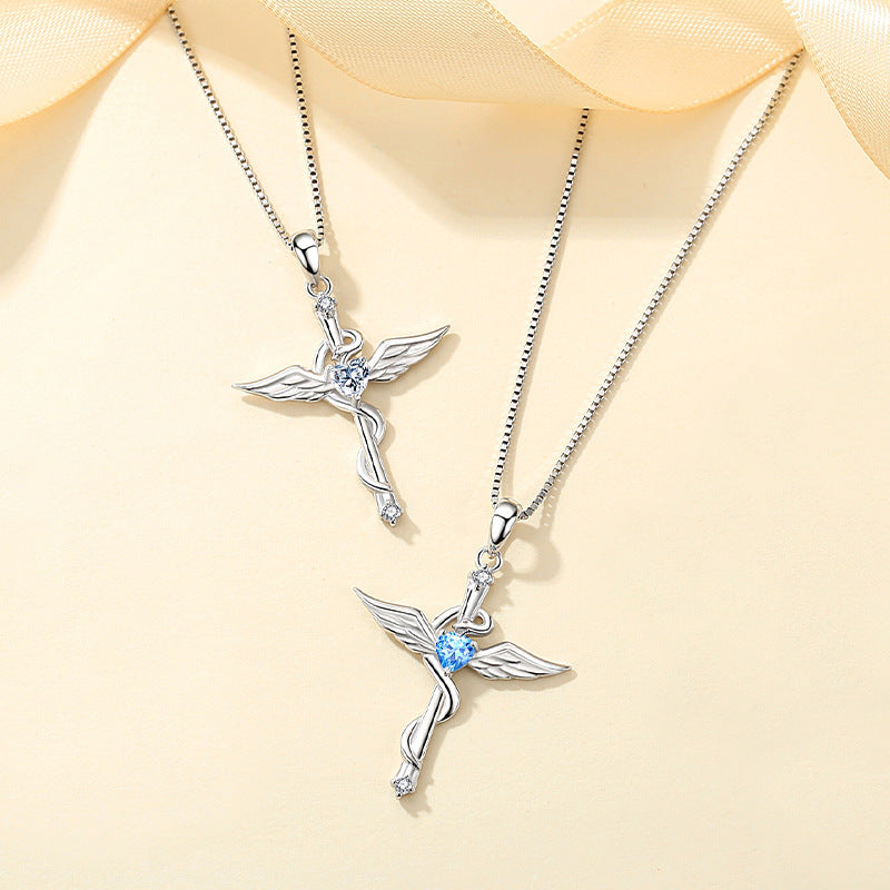 Angel Wings Cross Pendant In Sterling Silver