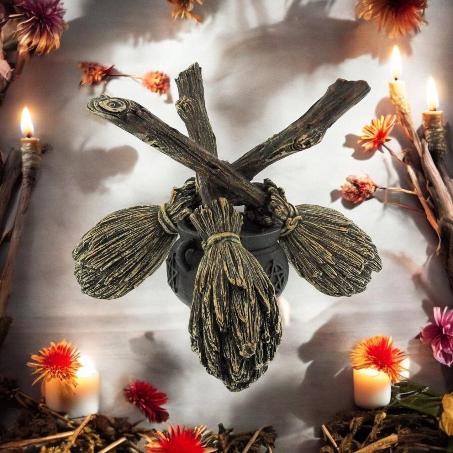 Broomstick Crystal Ball Holder Wiccan Altar Pagan Decor Witchcraft Ornament