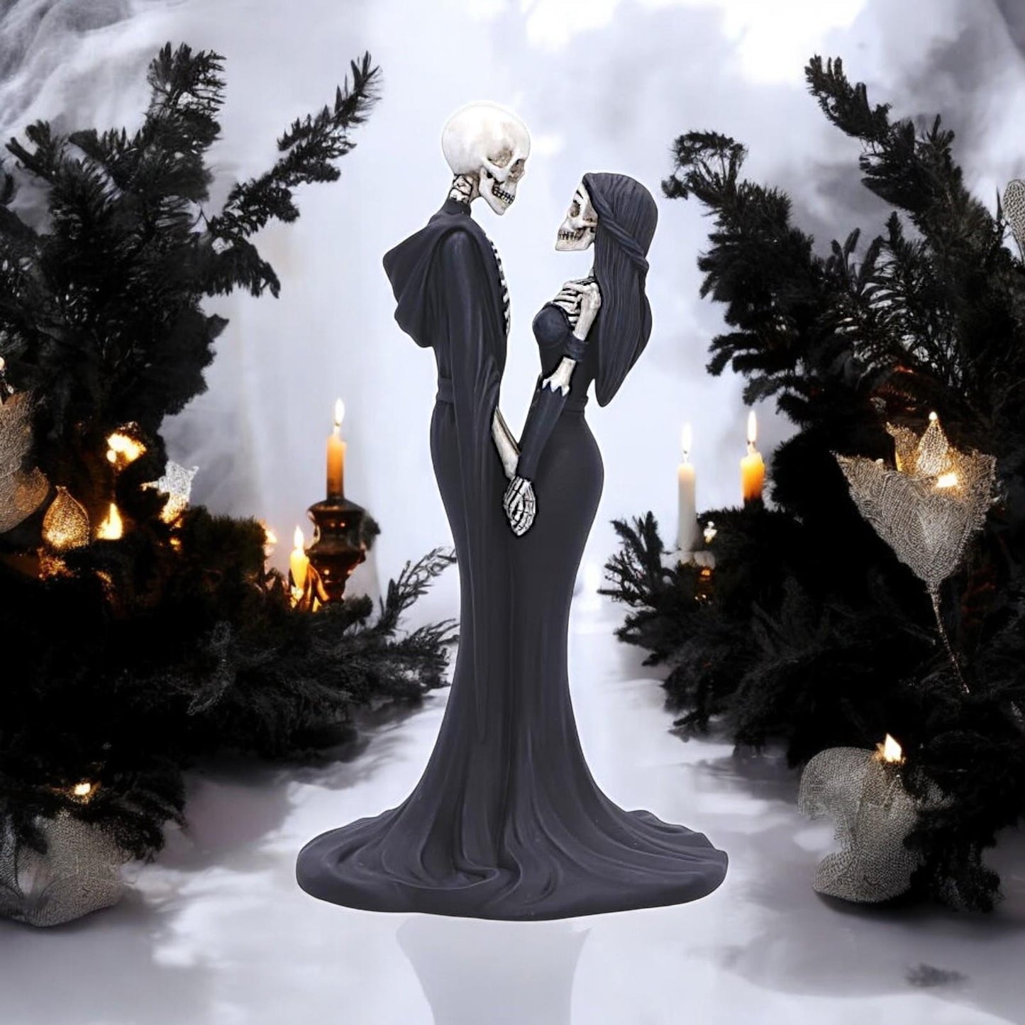 Gothic Skeleton Couple Figurine 24cm - Romantic Gothic Decor Ornament - Hand-Painted Sculpture