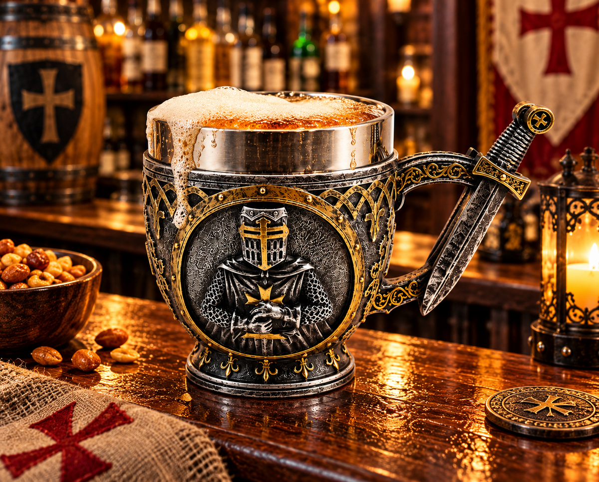 Medieval Crusader Knight Drinking Tankard Gothic Silver Gold Mug Home Bar Decor