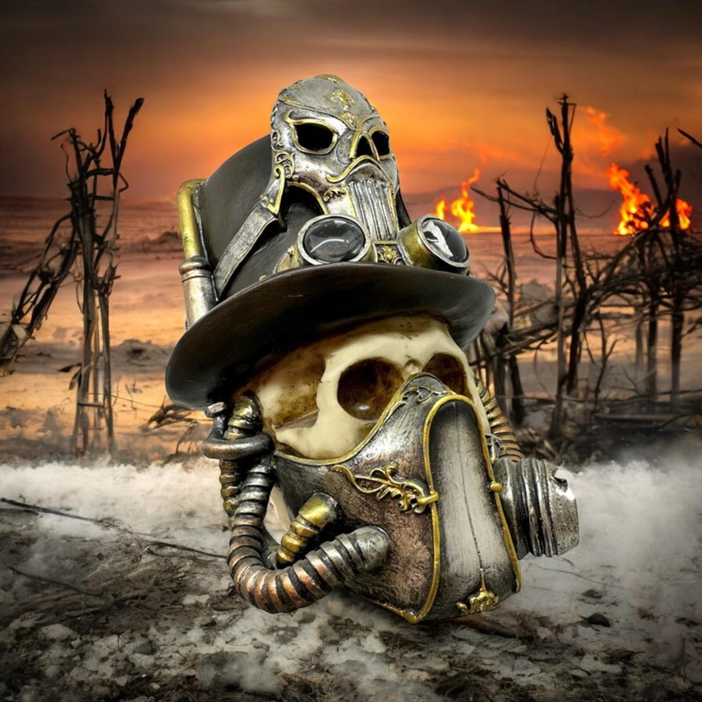 Steampunk Skull with Gas Mask Gothic Figurine Ornament Fantasy Apocalypse Statue