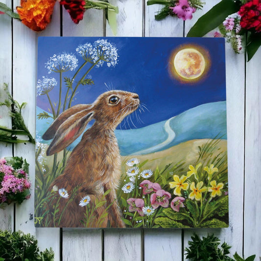 Judith Yates MOON GAZE SPRING HARE Ceramic Art Tile 20x20cm - Unique Wall Decor