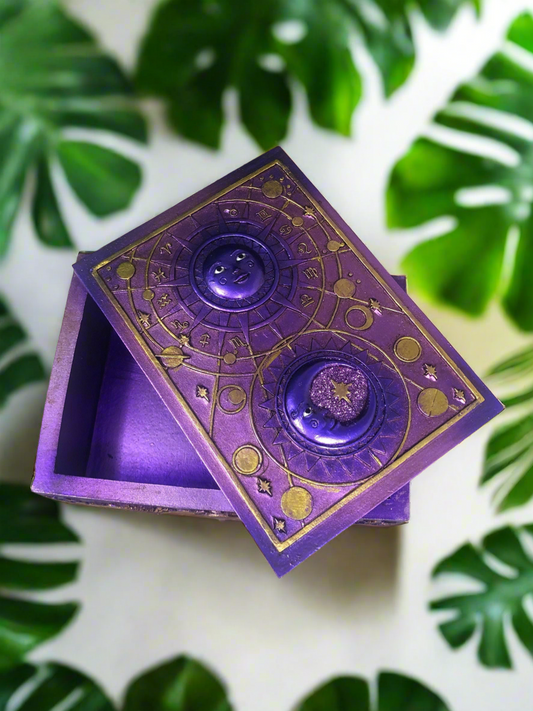 Mystical Sun and Moon Tarot Box Celestial Altar Decoration Home Ornament Wicca Pagan Style Purple Colour