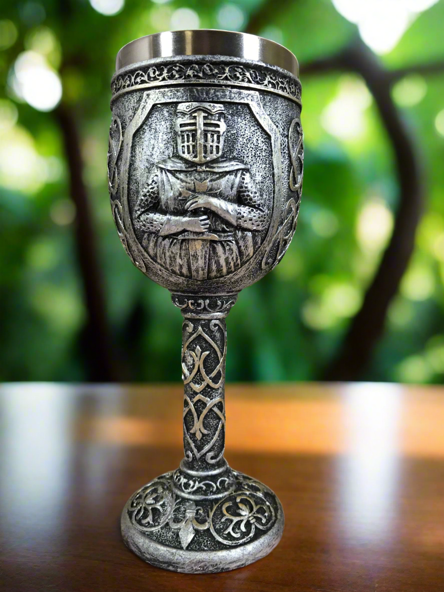 Templar Knight Silver Goblet, Medieval Crusader Chalice, Gothic Home Decor, Ornate Drinking Vessel Historical Collectible Majestic Tableware