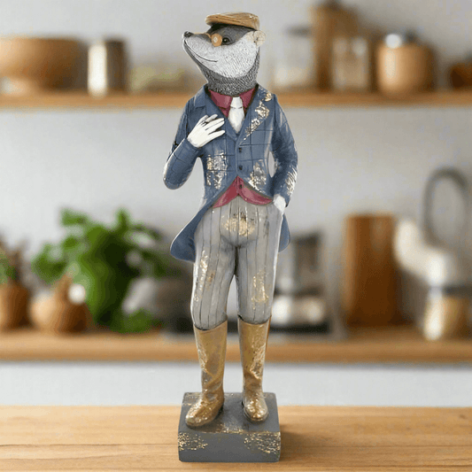 Dapper Badger Figurine – 25cm Hand-Painted Resin Sculpture, Elegant Woodland Animal Statue, Vintage-Inspired Home Decor