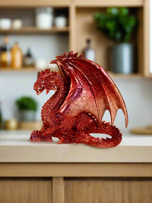 Dragon rouge mystique | Figurine en résine | 19x17cm | Ornement fantastique enchanteur | Décoration d'intérieur mythique