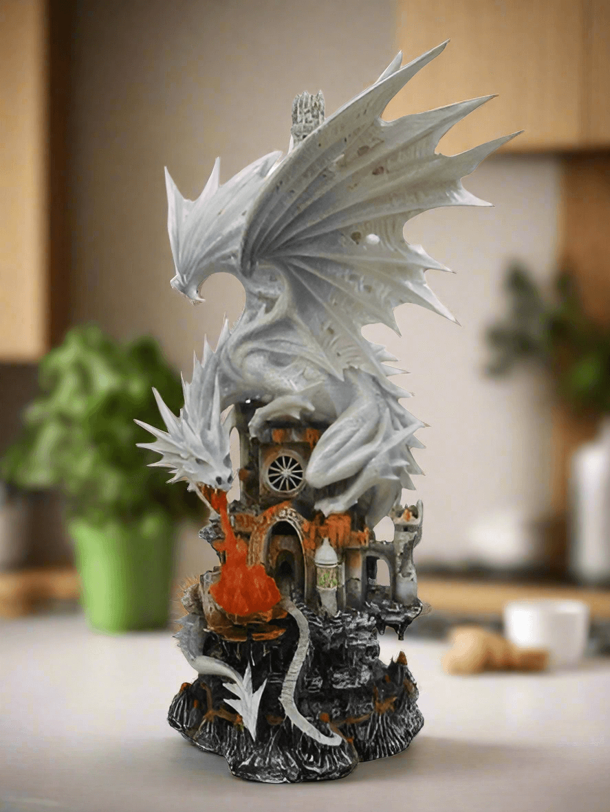 White Dragon Tower with LED Light | 21cm Resin Fantasy Sculpture | Illuminated Dragon Statue