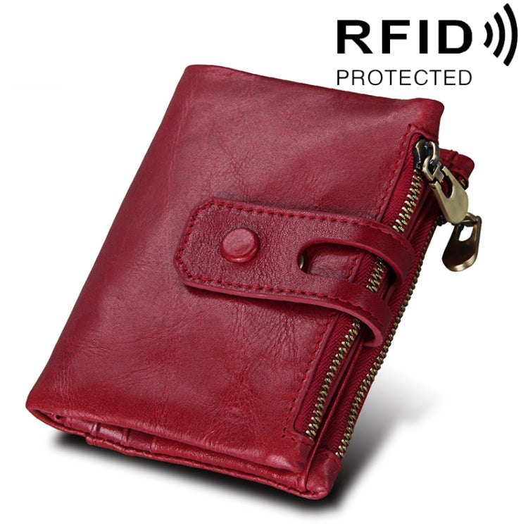 Genuine Cowhide Leather Crazy Horse Texture Zipper 3-folding Card Holder Wallet RFID Blocking Coin Purse Card Bag Protect Case for Men, Size: 12*9.5*3.5cm