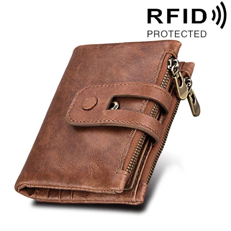 Genuine Cowhide Leather Crazy Horse Texture Zipper 3-folding Card Holder Wallet RFID Blocking Coin Purse Card Bag Protect Case for Men, Size: 12*9.5*3.5cm