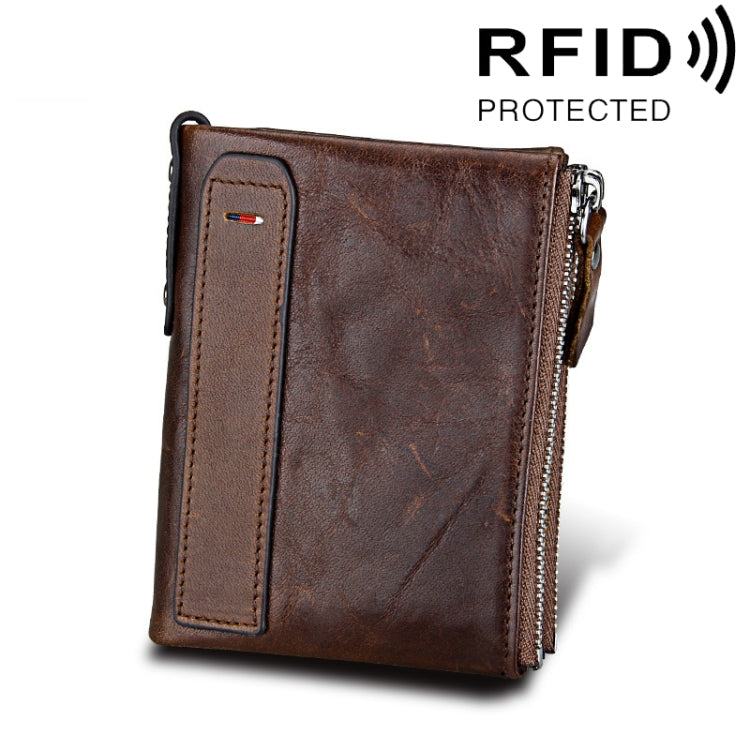 Genuine Cowhide Leather Crazy Horse Texture Dual Zipper Short Style Card Holder Wallet RFID Blocking Card Bag Protect Case for Men, Size: 12.1*9.4*2.7cm