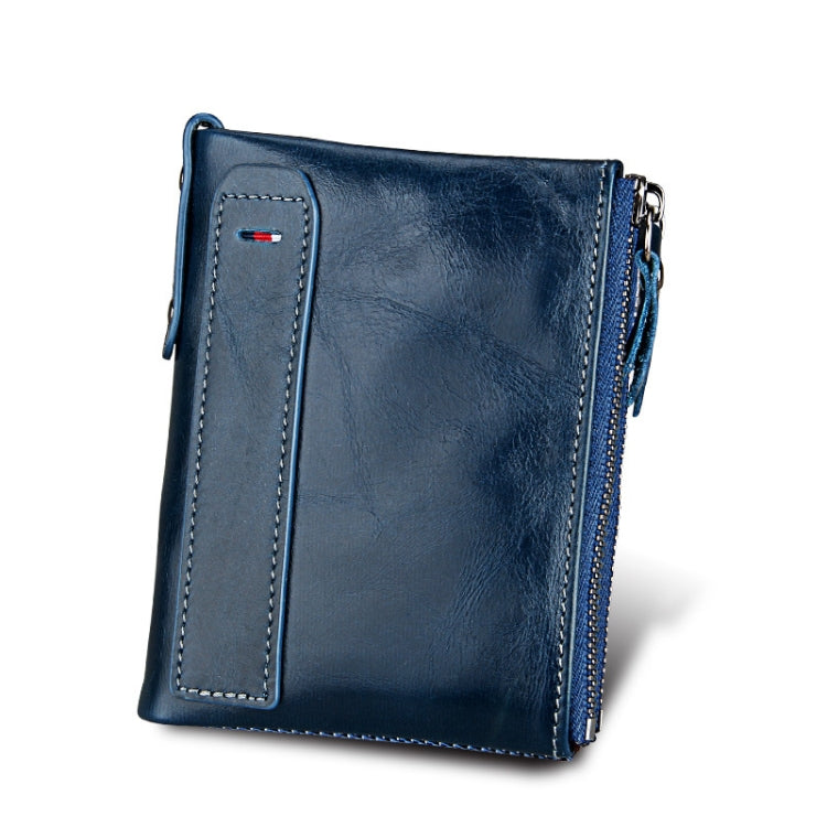 Genuine Cowhide Leather Crazy Horse Texture Dual Zipper Short Style Card Holder Wallet RFID Blocking Card Bag Protect Case for Men, Size: 12.1*9.4*2.7cm
