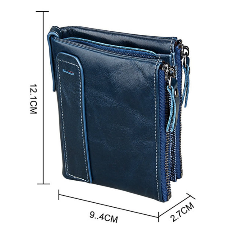 Genuine Cowhide Leather Crazy Horse Texture Dual Zipper Short Style Card Holder Wallet RFID Blocking Card Bag Protect Case for Men, Size: 12.1*9.4*2.7cm