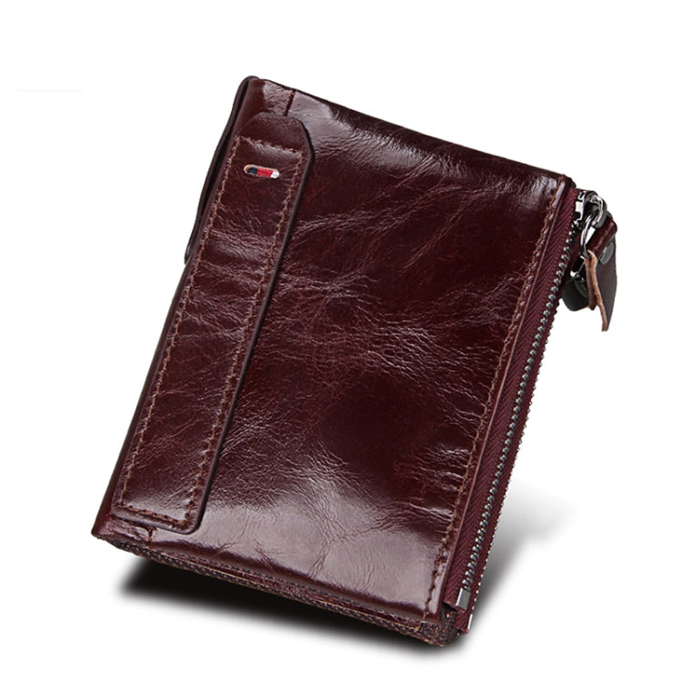 Genuine Cowhide Leather Crazy Horse Texture Dual Zipper Short Style Card Holder Wallet RFID Blocking Card Bag Protect Case for Men, Size: 12.1*9.4*2.7cm