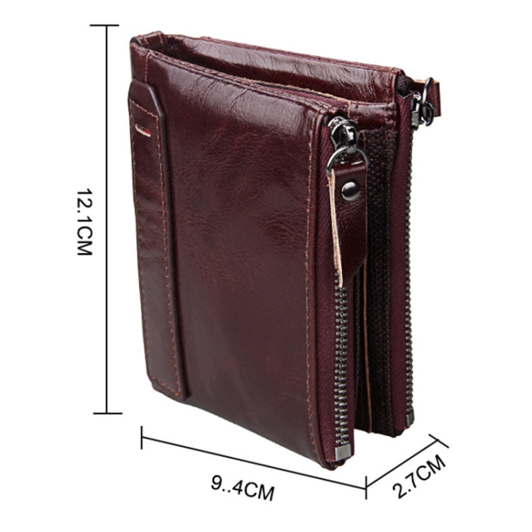 Genuine Cowhide Leather Crazy Horse Texture Dual Zipper Short Style Card Holder Wallet RFID Blocking Card Bag Protect Case for Men, Size: 12.1*9.4*2.7cm