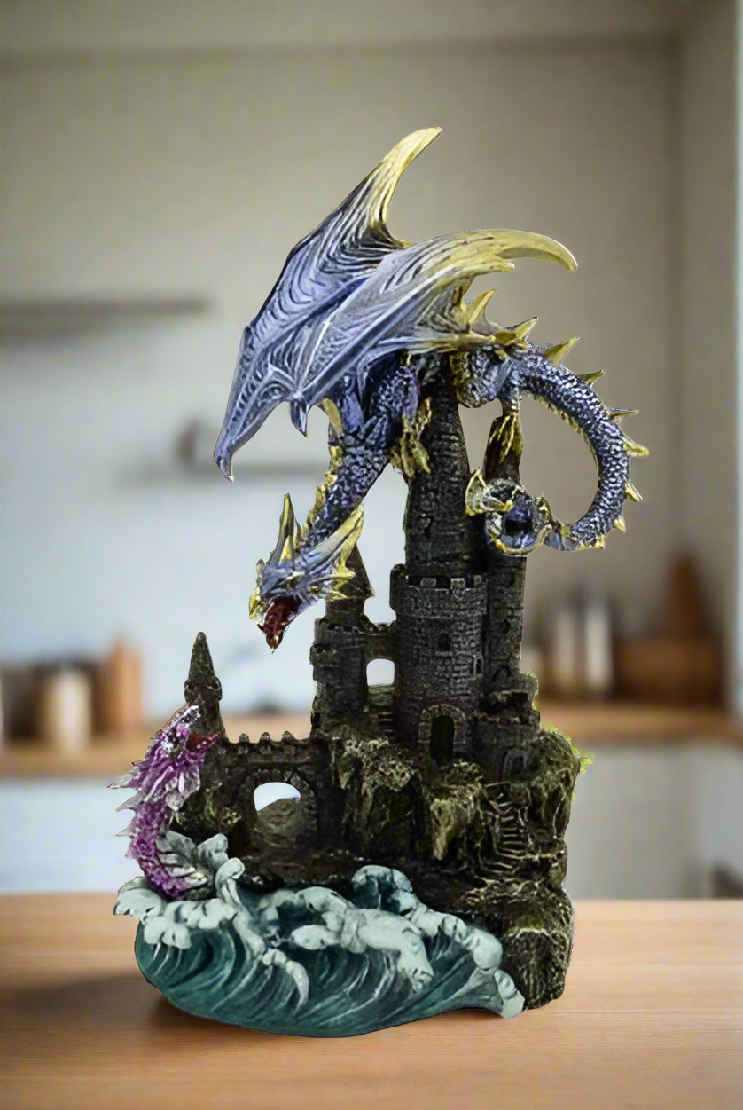 Majestic Dragon Statue with Castle - Handcrafted Fantasy Resin Sculpture - 27x20 cm - Unique Gift for Dragon Lovers