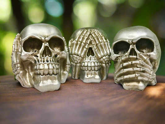 Silver Wise Skulls Set - Gothic Decor Hear, See, Speak No Evil, Handmade Resin Skull Figures, Unique Gothic Ornaments, Mystical Home Accent