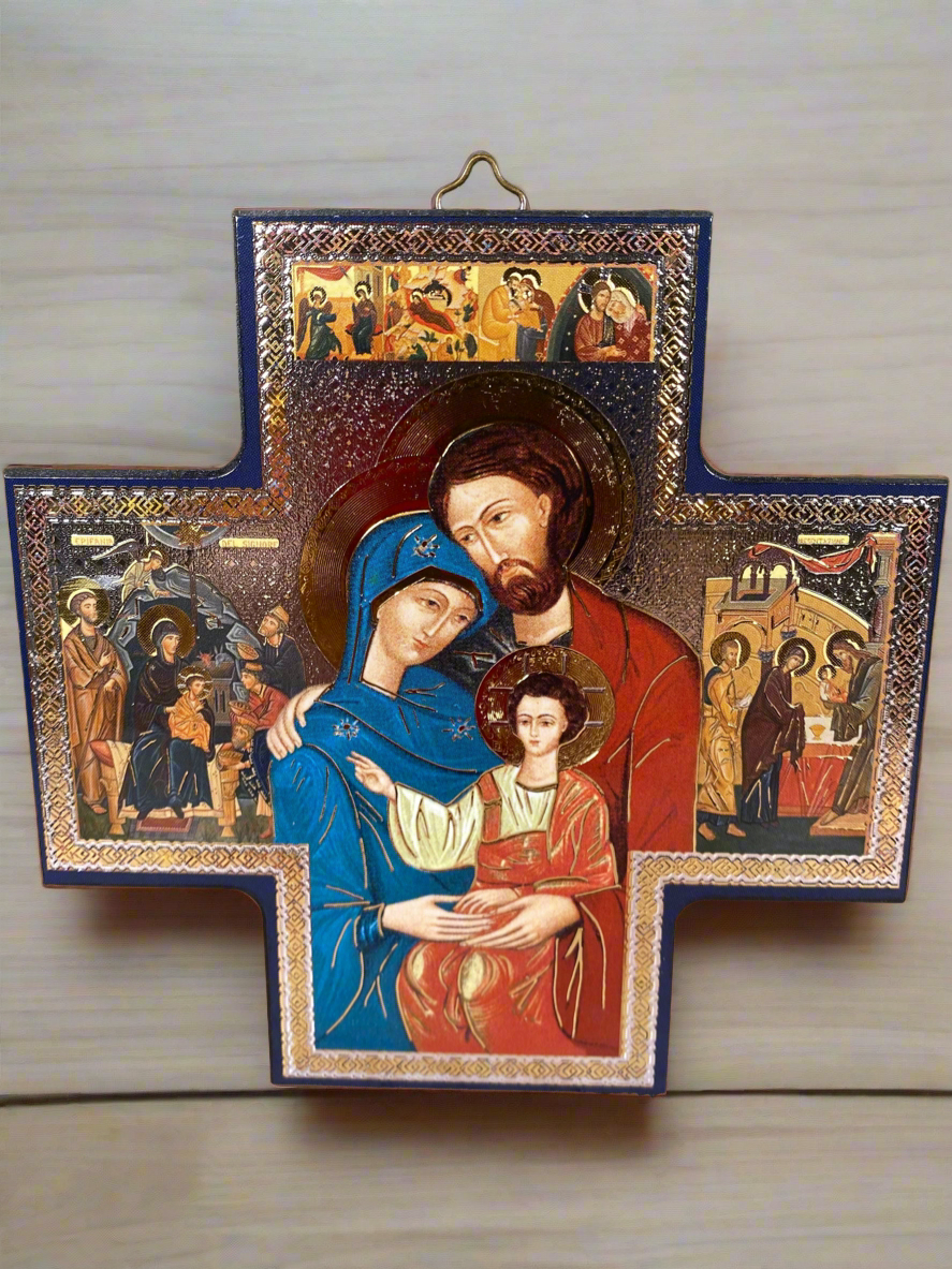 Exquisite Handcrafted Wood Cross Icon of the Holy Family - A Timeless Symbol of Faith and Devotion