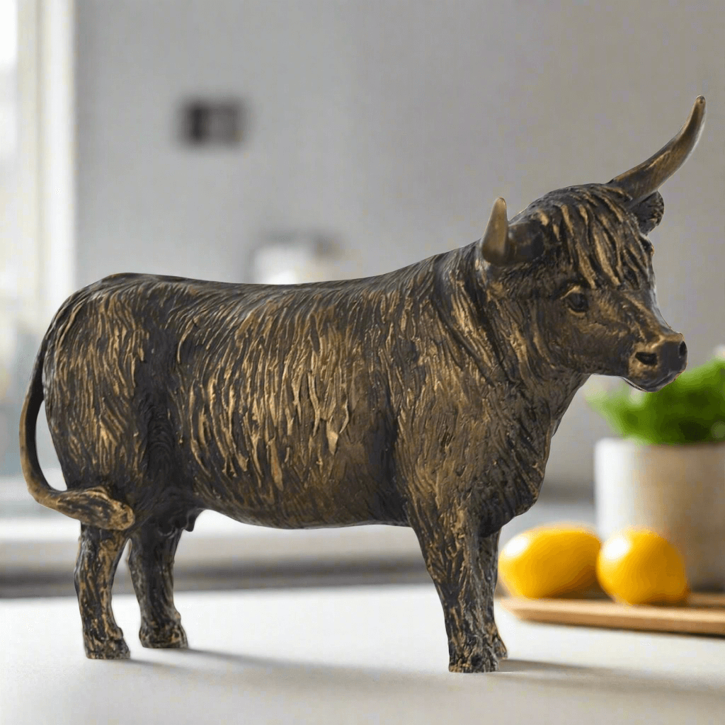 Bronze Effect Highland Cow Sculpture | Harriet Glen Design | Rustic Farmhouse Decor | Highland Cattle Resin Statue